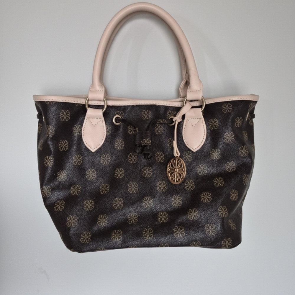 Avon Chocolate Floral Monogram Shoulder Bag with Gold Filigree Charm
